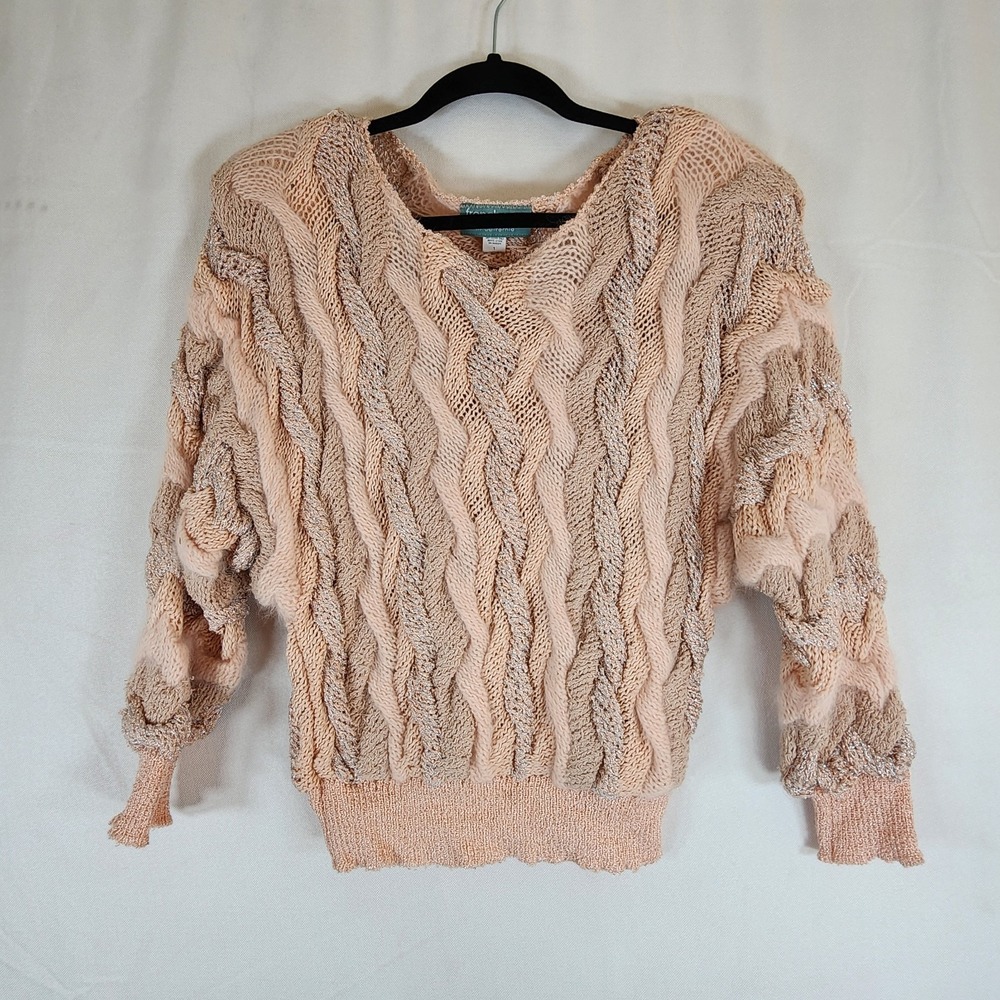 FRENCH RAGS Vintage Hand Loomed Pink Knit Boucle Sweater Top USA Art to Wear S